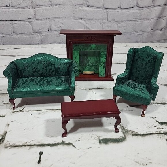 Dollhouse Furniture Wooden Vintage Wingback Chair Couch Fireplace Mantle Table